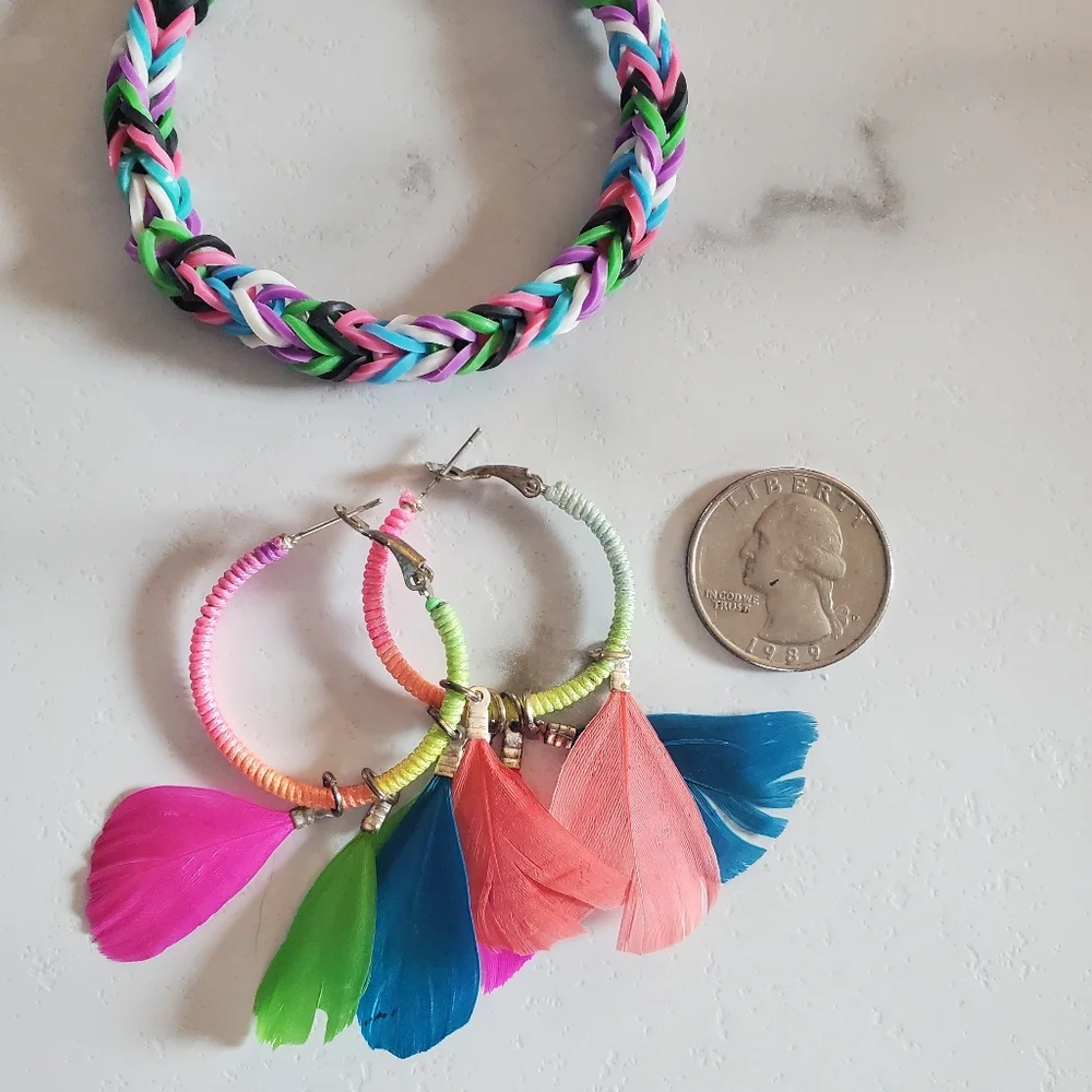 Fun Neon Hoop Feather Earrings & Rubber Band Bracelet Bundle